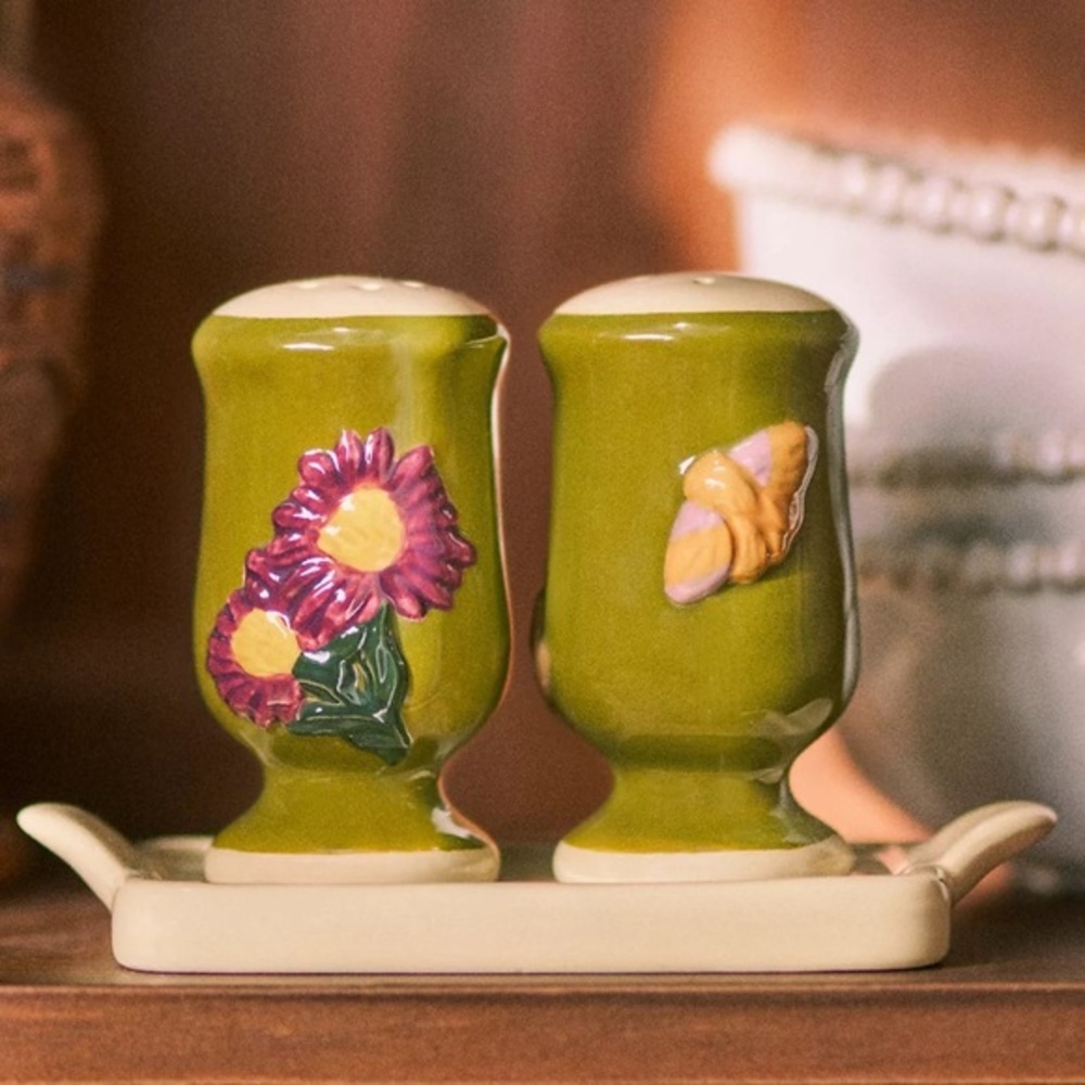 Anthropologie Green Floral Stoneware Salt & Pepper Shaker Set
